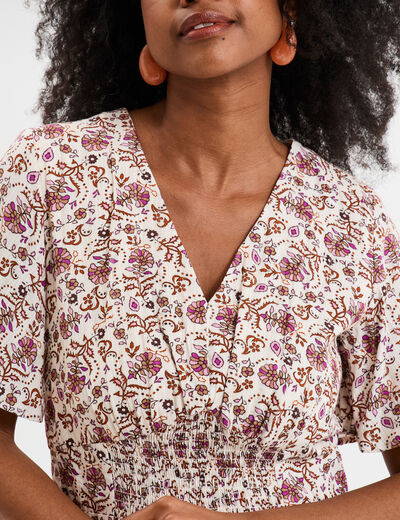Robe col en V taille smockée Creeks blanc femme