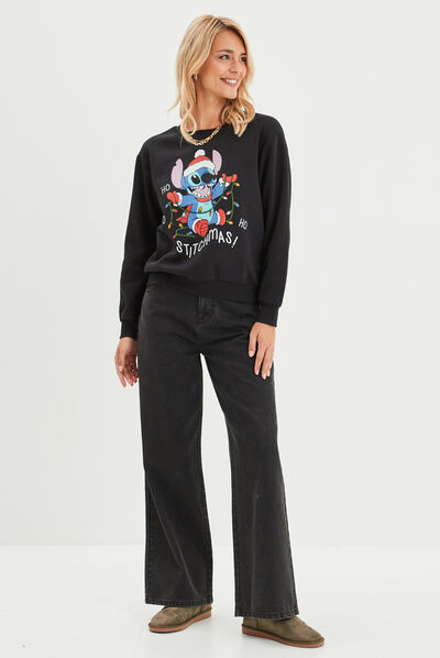 Sweat de Noël manches longues Stitch noir femme