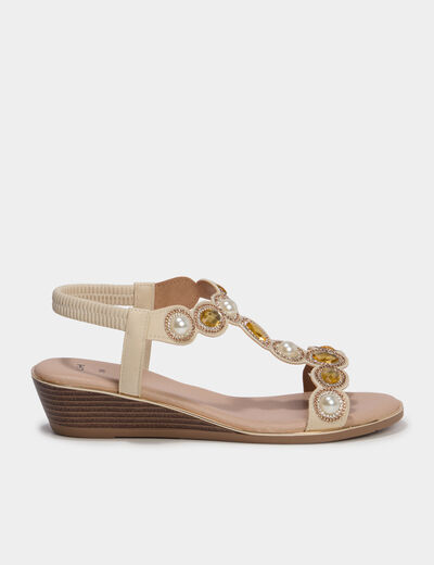 Sandales compens&eacute;es 5 cm d&eacute;tails bijoux blanc femme