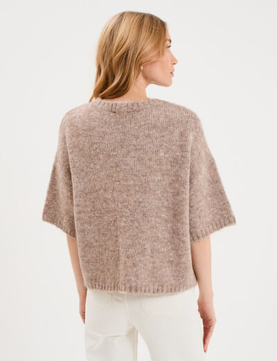 Pull col rond manches courtes beige femme