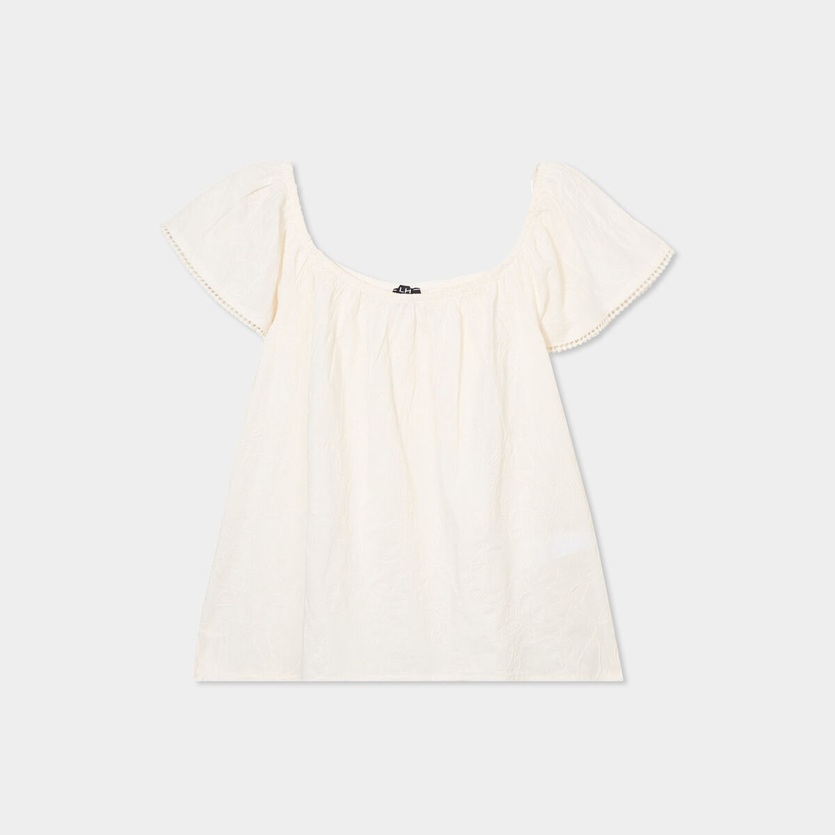 Blouse brodée col bardot coton creme femme