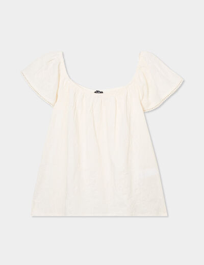 Blouse brodée col bardot coton creme femme