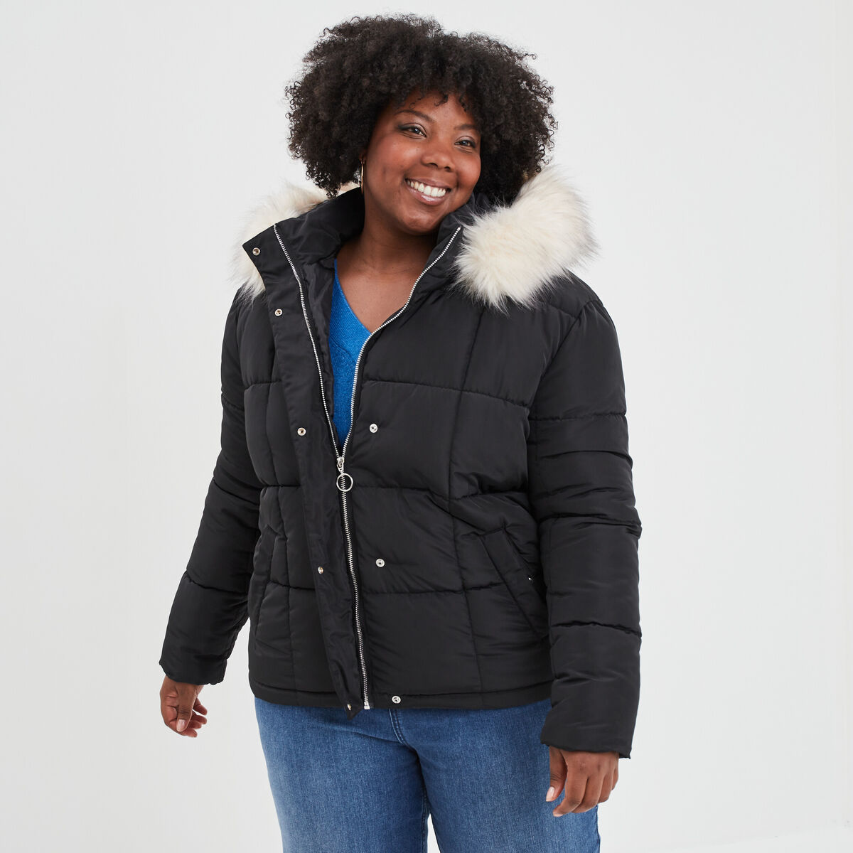 Doudoune à capuche imitation fourrure noir femme grande taille