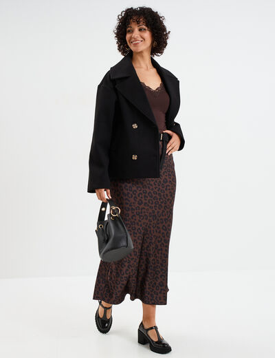 Jupe effet satin midi évasée marron foncé femme