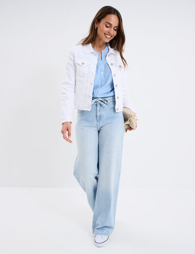 Veste en jean ajust&eacute;e boutonn&eacute;e denim blanc femme