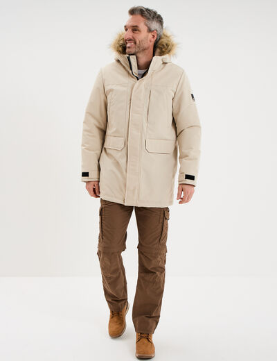 Parka &agrave; capuche fausse fourrure gris argent homme