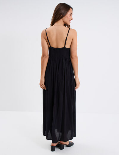 Robe longue col en V haut effet crochet noir femme