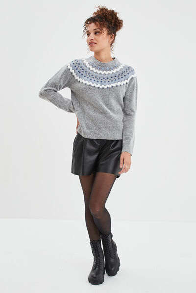 Pull jacquard col rond Creeks gris clair femme