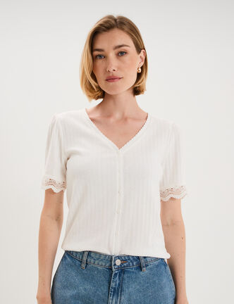 Blouse manches courtes col V dentelle blanc femme