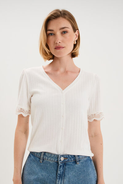 Blouse manches courtes col V dentelle blanc femme
