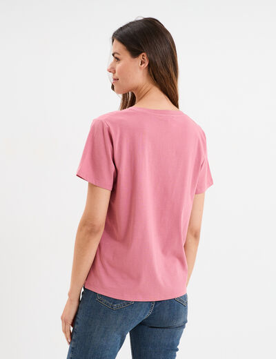 T-shirt manches courtes col en V coton vieux rose femme