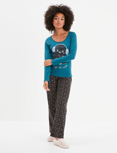 Ensemble pyjama pantalon 2 pièces coton bleu canard femme