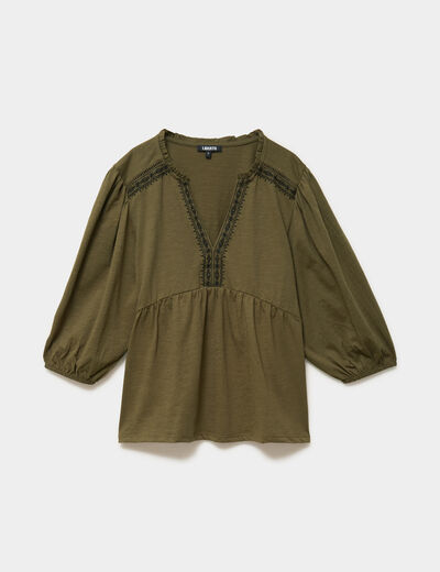 Blouse col tunisien brod&eacute; coton vert kaki femme