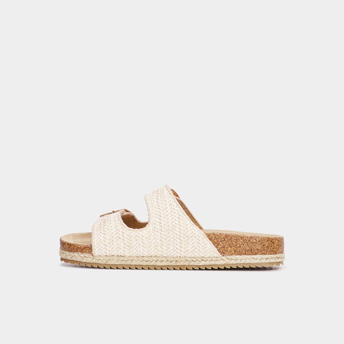 Mules plates tress&eacute;es avec boucles sable femme