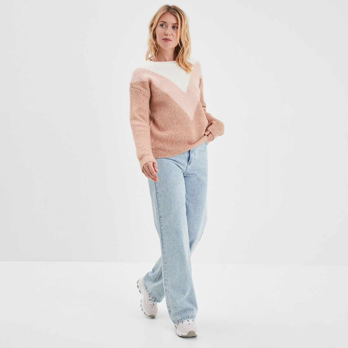 Pull manches longues col rond rose clair femme