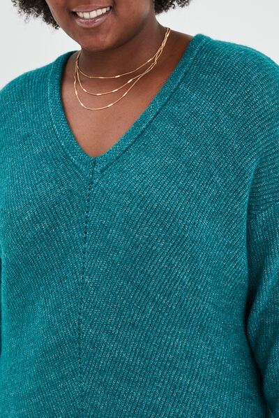Pull manches chauves-souris col en V bleu canard femme grande taille