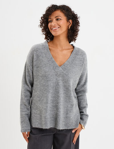 Pull droit ample col V fentes aux c&ocirc;t&eacute;s gris clair femme