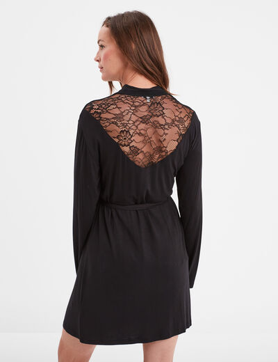 Peignoir fluide dentelle et ceinture noir femme