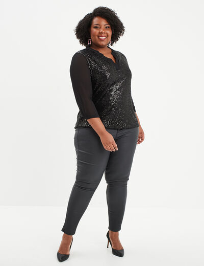 Blouse sequins manches 3/4 transparentes noir femme grande taille