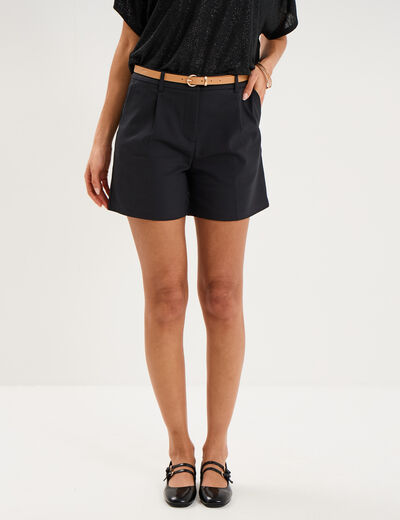 Short chino large taille haute ceintur&eacute; noir femme
