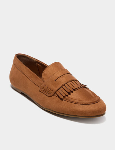 Mocassins &agrave; franges effet su&eacute;dine marron femme