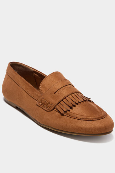 Mocassins &agrave; franges effet su&eacute;dine marron femme