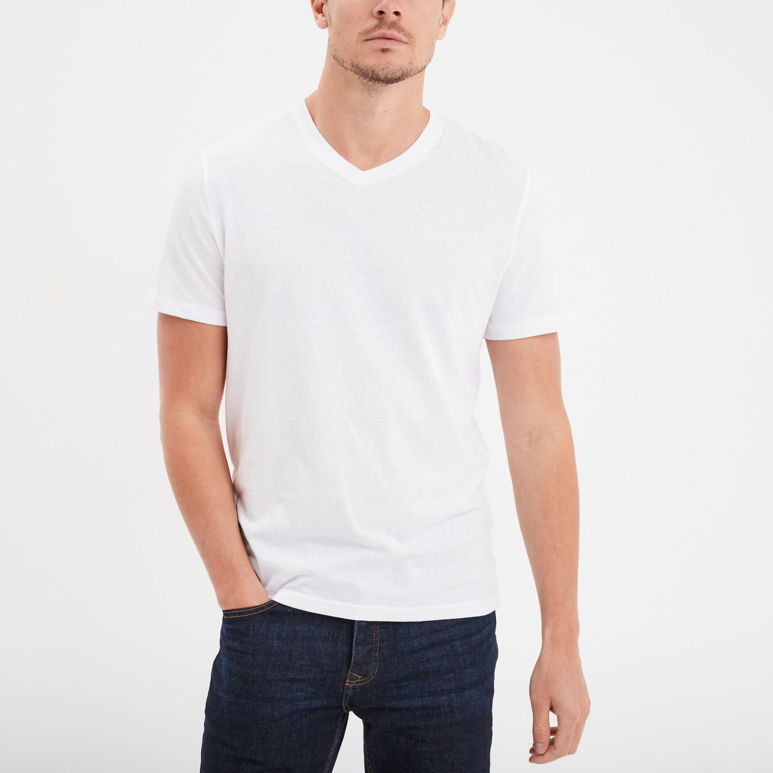 T-shirt manches courtes coton col V blanc homme LH