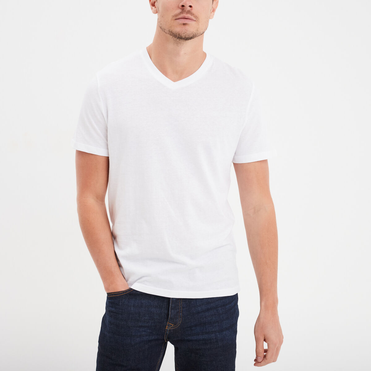 T-shirt manches courtes coton col V blanc homme