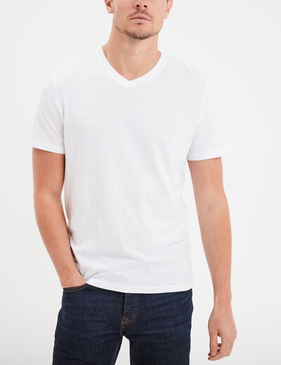 T-shirt manches courtes coton col V blanc homme