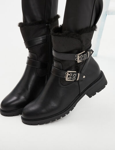 Boots motarde fourr&eacute;es avec boucles noir femme
