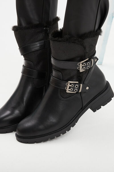 Boots motarde fourr&eacute;es avec boucles noir femme