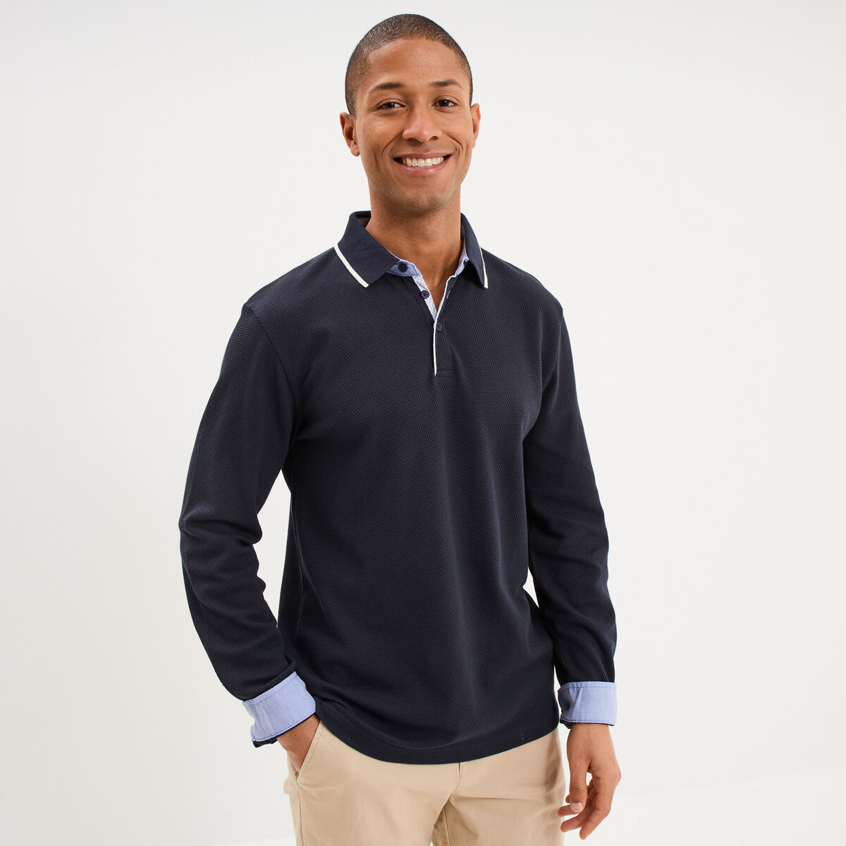 Polo piqu&eacute; droit manches longues coton bleu fonc&eacute; homme