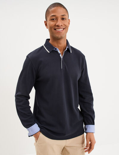 Polo piqu&eacute; droit manches longues coton bleu fonc&eacute; homme