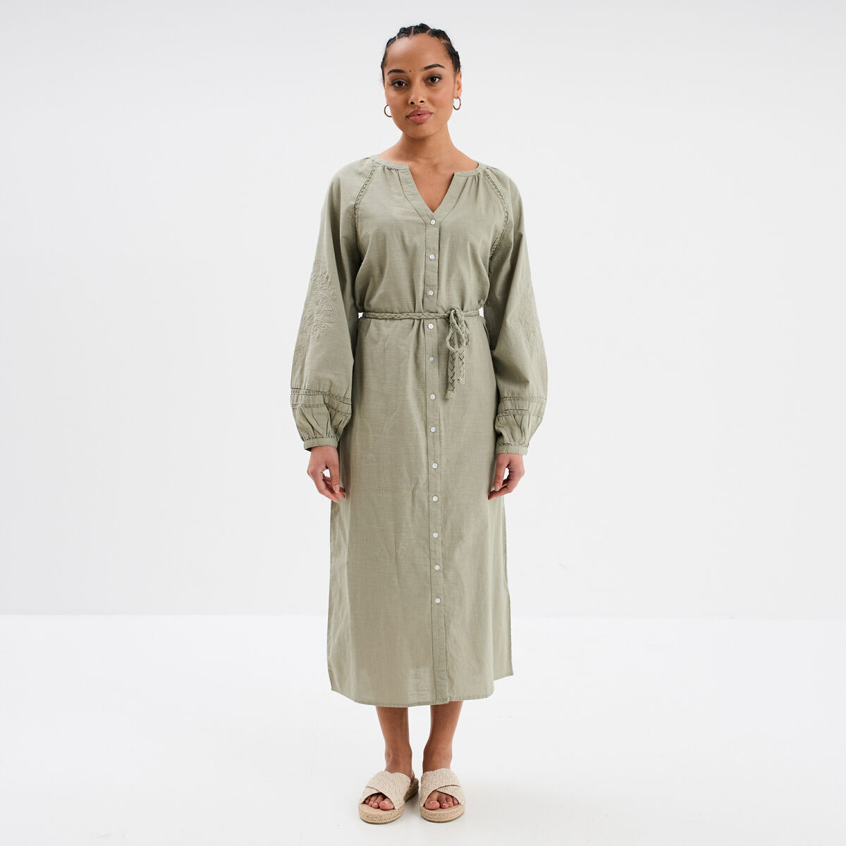 Robe manches ballons ceinturée vert kaki femme