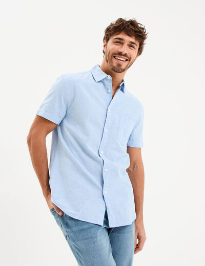 Chemise manches courtes lin m&eacute;lang&eacute; bleu ciel homme