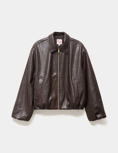 blouson court oversize similicuir zipp&eacute; marron fonc&eacute; femme