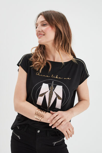 T-shirt col rond à strass Mosquitos noir femme