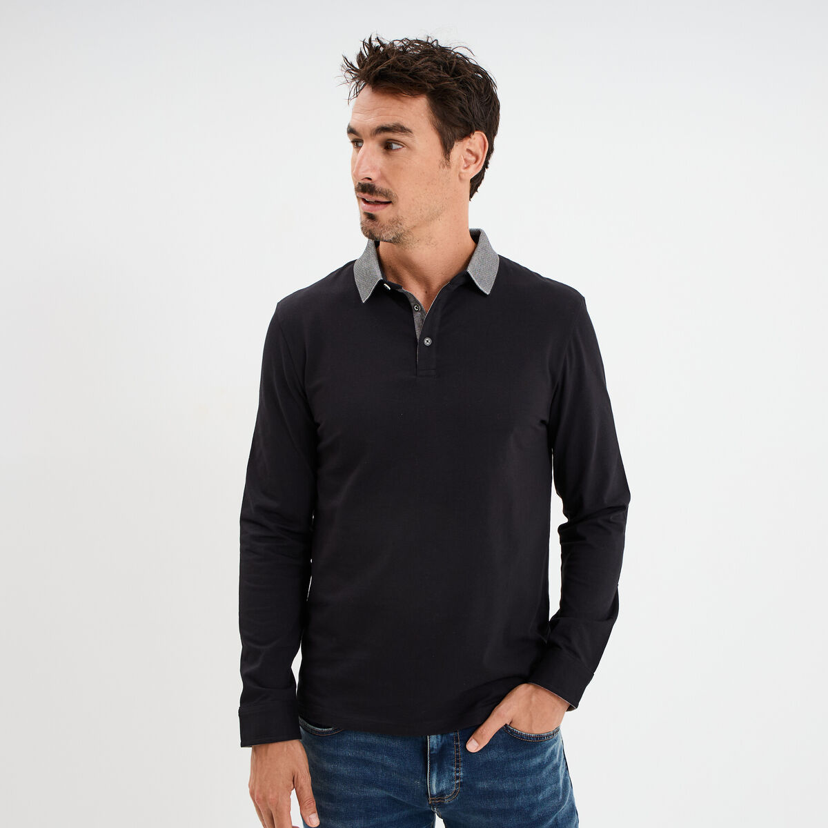 Polo manches longues coton majoritaire noir homme