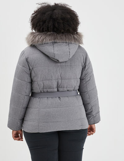 Doudoune capuche fausse fourrure gris clair femme grande taille