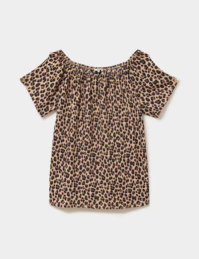 T-shirt gaufr&eacute; avec manches &agrave; noeuds beige clair femme grande taille