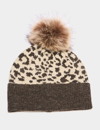 Bonnet &agrave; pompon fausse fourrure sable femme