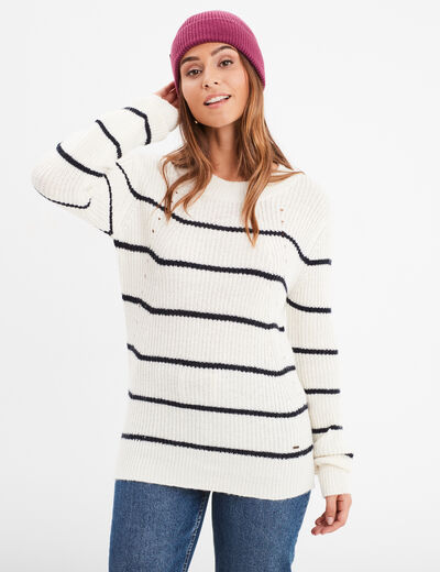 Pull col rond manches longues Creeks ecru femme