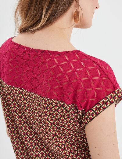 T-shirt dentelle épaules et dos rose fushia femme