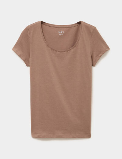 T-shirt coton col rond manches courtes marron clair femme