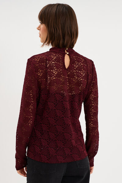 Blouse dentelle col montant violet fonc&eacute; femme