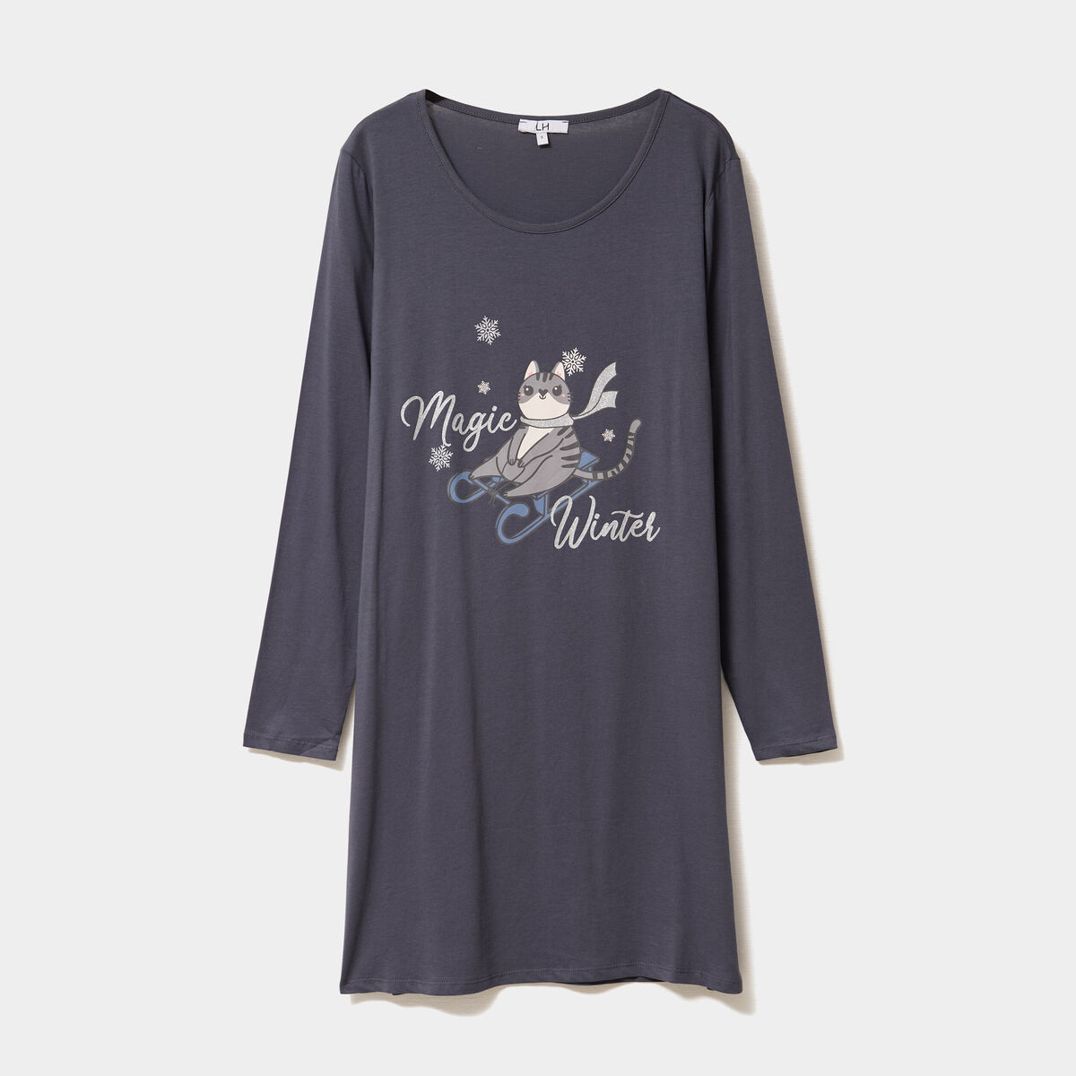 Chemise de nuit manches longues coton bleu gris femme