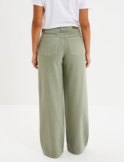 Jeans large taille haute coton vert kaki femme