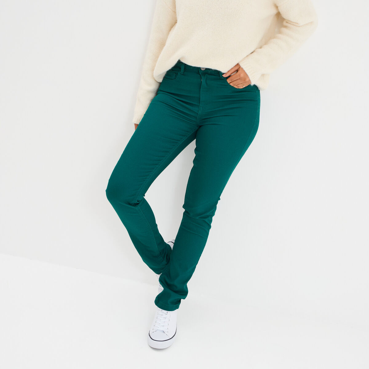 Pantalon slim en coton elasthanne vert foncé femme