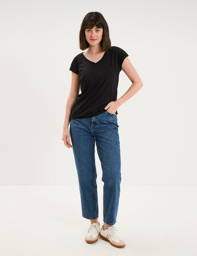 T-shirt col v poche poitrine noir femme