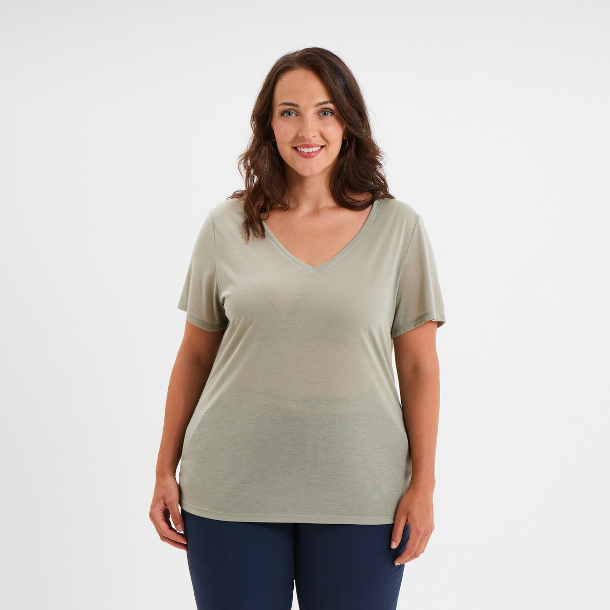 T-shirt manches courtes col V vert kaki femme grande taille